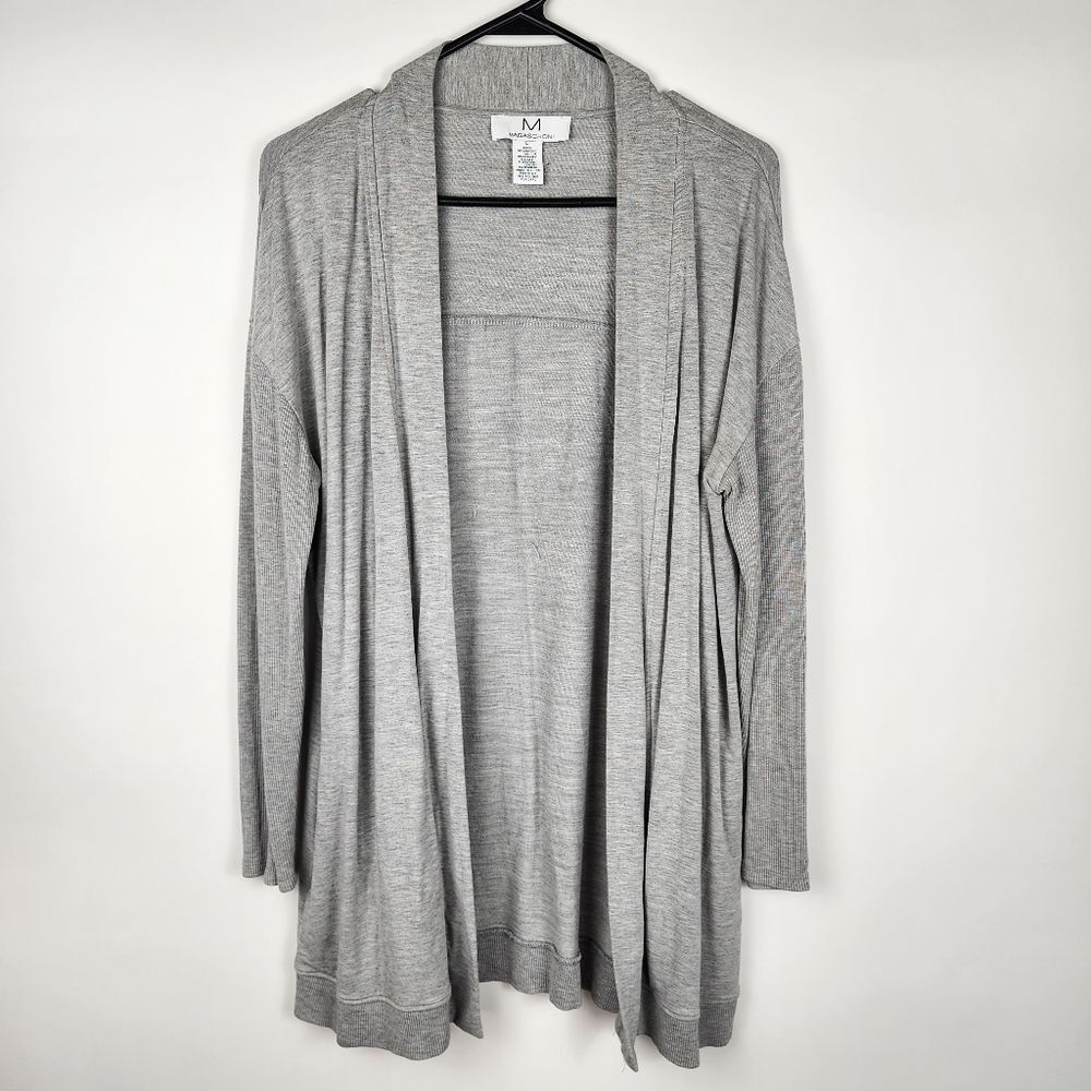 M MAGASCHONI WOMENS LARGE OPEN FRONT CARDIGAN SWEATER RIBBED SLEEVE POCKETS GRAY
